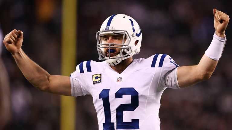 EAST RUTHERFORD, NJ - DECEMBER 05:  Andrew Luck #12 of the Indianapolis Colts celebrates a touchdown in the fourth quarter against the New York Jets during