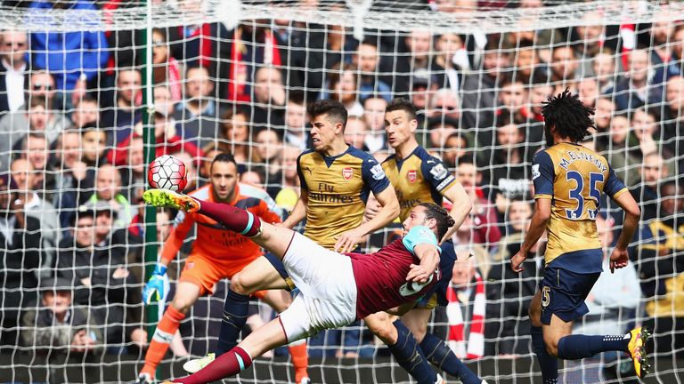 LONDON, UNITED KINGDOM - APRIL 09: Andy Carroll of West Ham United scores his team's second goal during the Barclays Premier League match between West Ham 