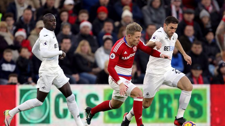 Swansea City's Angel Rangel and Middlesbrough's Viktor Fischer (left) battle for the ball during the Premier League match at the Riverside Stadium