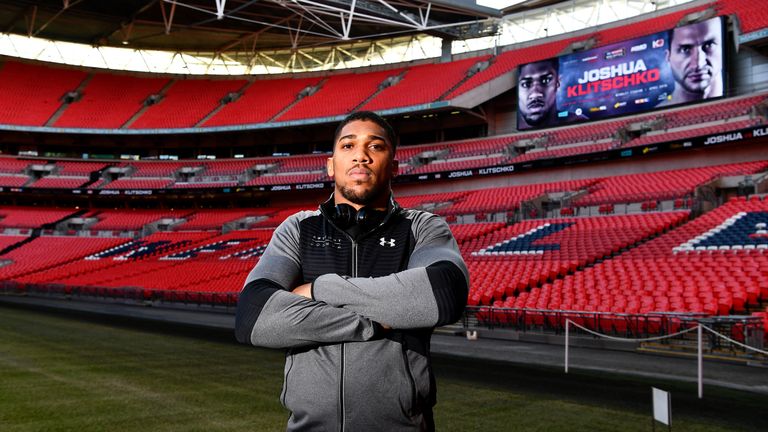 Anthony Joshua poses on the pitch at Wembley following a press conference