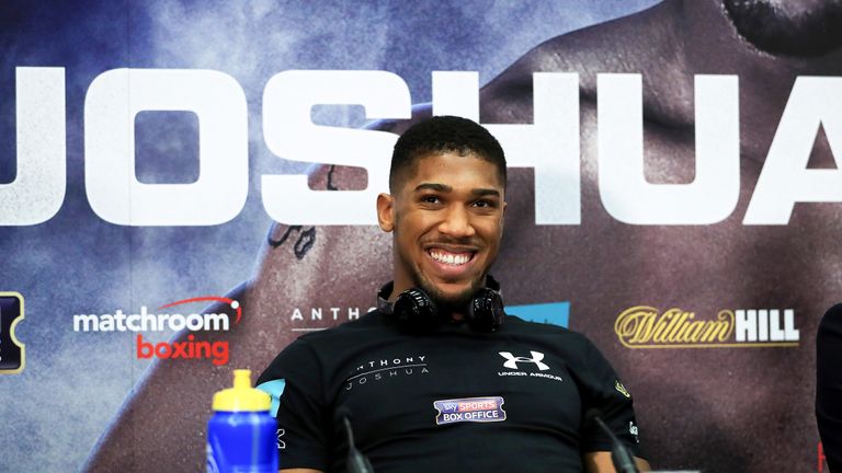 Anthony Joshua in good spirits during the press conference at Wembley Stadium