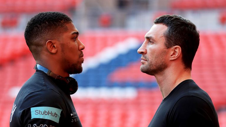 Anthony Joshua and Wladimir Klitschko during the press conference at Wembley Stadium