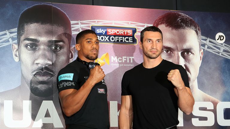 Anthony Joshua and Wladimir Klitschko pose for a photograph during the press conference at Wembley Stadium