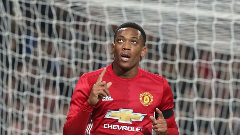 Anthony Martial celebrates scoring for Manchester United against West Ham in the EFL Cup at Old Trafford on November 30, 2016 in Manchester, England