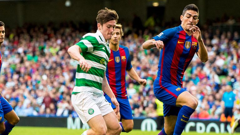 Celtic defender Anthony Ralston playing against Barcelona in Dublin