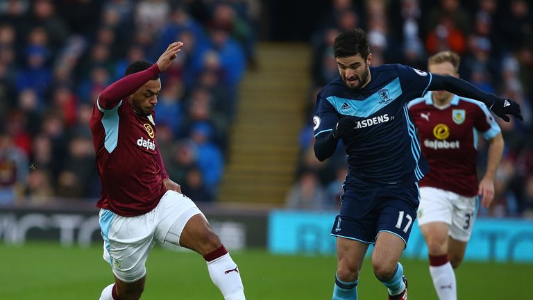 Antonio Barragan (R) and Andre Gray (L) tussle for the ball