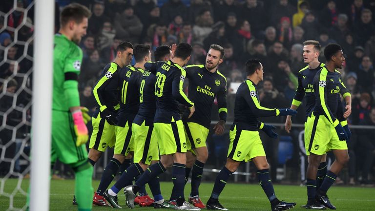 Arsenal players celebrate Lucas Perez's first goal against Ludogorets