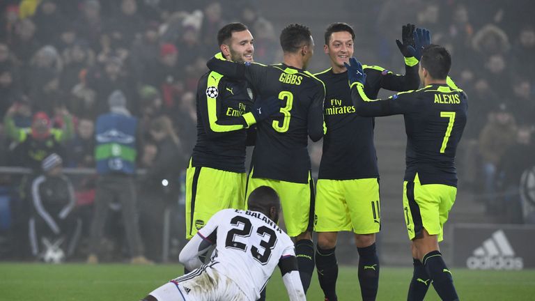 Arsenal's Lucas Perez celebrates after scoring a goal 