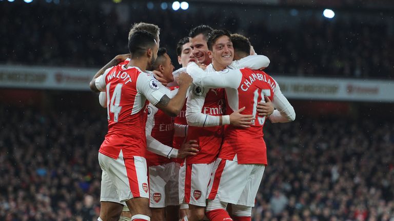 Arsenal celebrate a goal against Stoke City at Emirates Stadium on December 10, 2016 