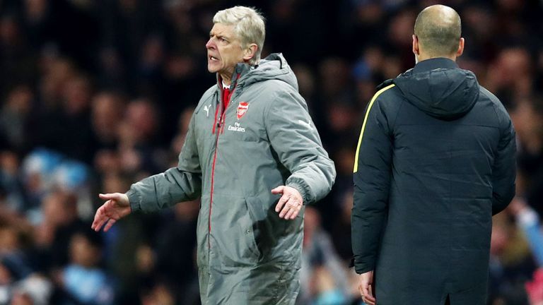 Arsenal boss Arsene Wenger complains about the second goal against Manchester City