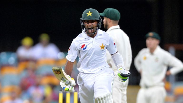 Asad Shafiq of Pakistan celebrates scoring a century on day four of the first Test match against Australia