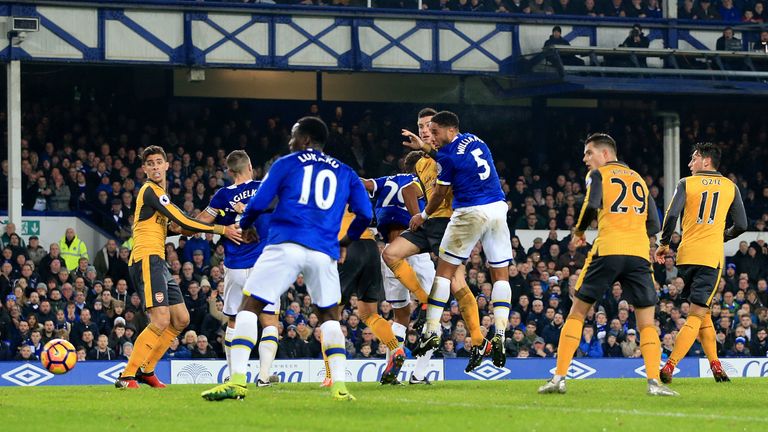 Everton's Ashley Williams (centre) scores his side's second goal of the game during the Premier League match at Goodison Park, Liverpool.