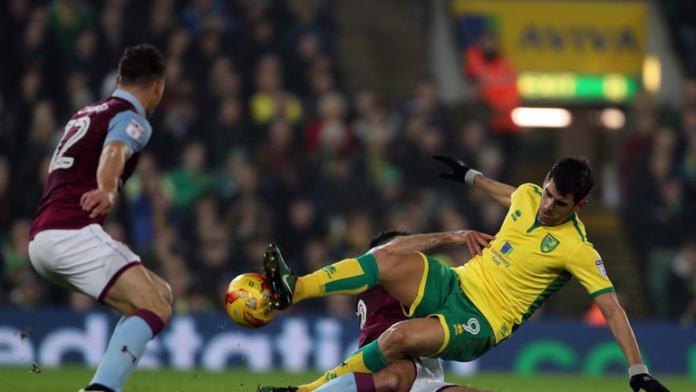 Norwich City's Nelson Oliveira is fouled by Aston Villa's Mile Jedinak during the Sky Bet Championship match at Carrow Road, Norwich.