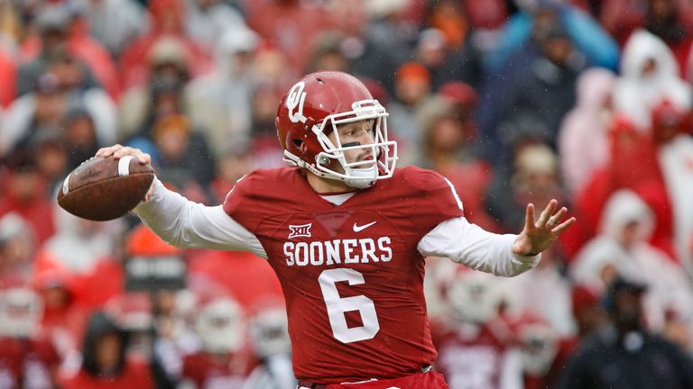 NORMAN, OK - DECEMBER 3:  Quarterback Baker Mayfield #6 of the Oklahoma Sooners looks to throw against the Oklahoma State Cowboys December 3, 2016 at Gaylo