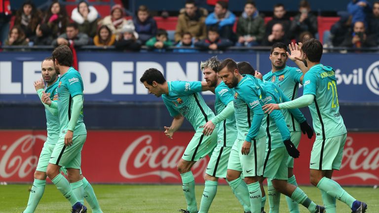 Barcelona celebrate Luis Suarez's goal