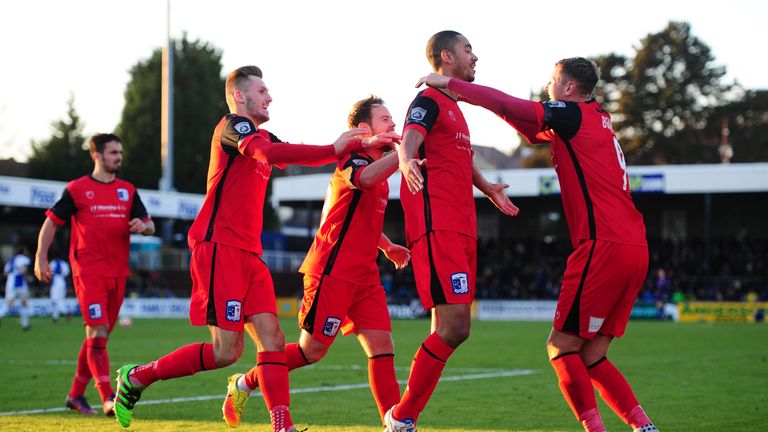 Barrow's two-goal hero Byron Harrison celebrates