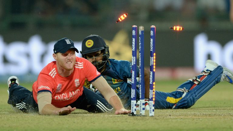 Ben Stokes runs out Lahiru Thirimanne during the ICC World Twenty20 2016 group match
