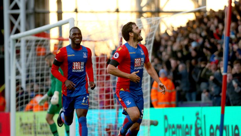 LONDON, ENGLAND - DECEMBER 03:  James Tomkins of Crystal Palace celebrates scoring his team's second goal during the Premier League match between Crystal P
