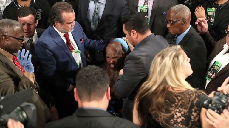Bernard Hopkins had to receive treatment after being knocked out of the ring in his final fight - Credit: Tom Hogan Photos/Golden Boy Promotions