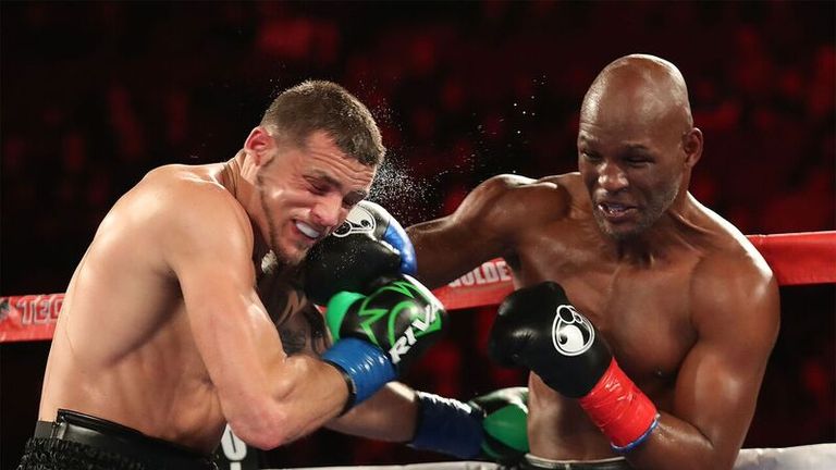 Bernard Hopkins (R) connects with Joe Smith Jr during his final fight in Los Angeles - Credit: Tom Hogan Photos/Golden Boy Promotions