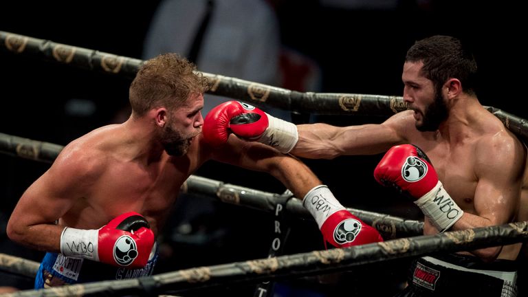 Billy Joe Saunders (left) fights Artur Akavov for The WBO Middleweight Championship of the World at Paisley Lagoon Centre, Paisley.