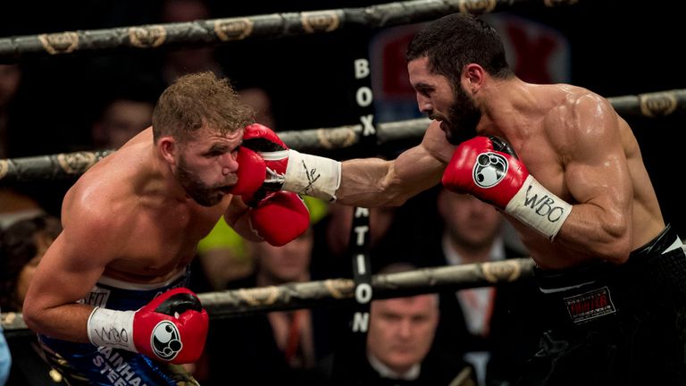 Artur Akavov lands a blow during his bout with Billy Joe Saunders