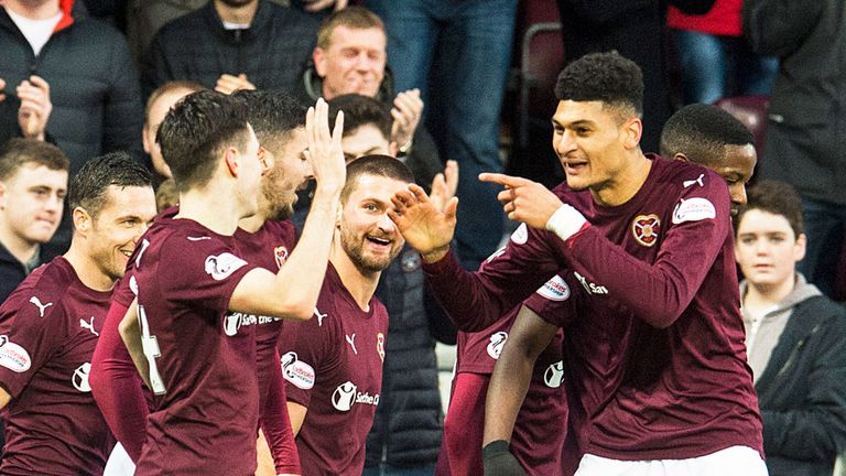 Hearts players celebrate Bjorn Johnsen's goal (20) against Partick