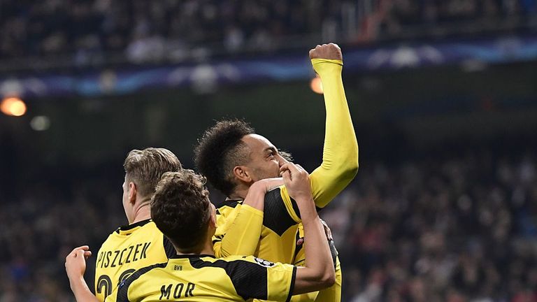 Dortmund players celebrate their second goal 