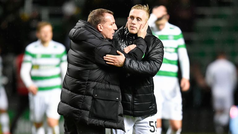 Brendan Rodgers with Calvin Miller after Celtic beat Partick in the Glasgow derby