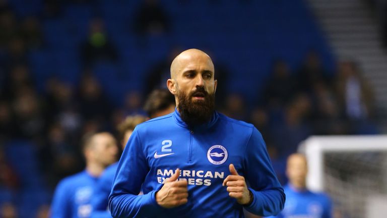 Brighton and Hove Albion's Bruno Saltor warms up prior to the Sky Bet Championship match at the AMEX Stadium, Brighton.