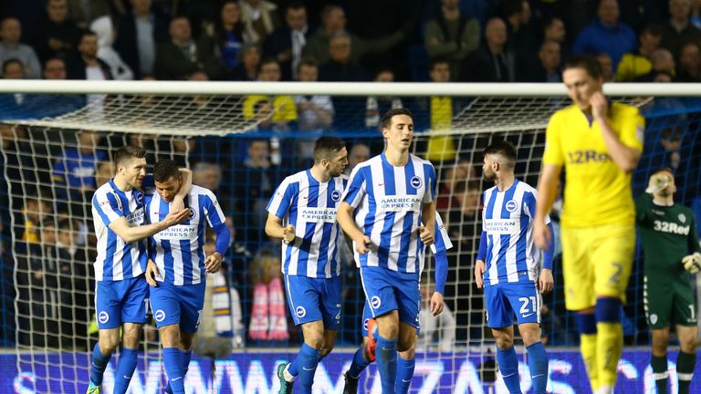 Brighton and Hove Albion's Tomer Hemed (second left) celebrates scoring his sides second goal of the game during the Sky Bet Championship match at the AMEX