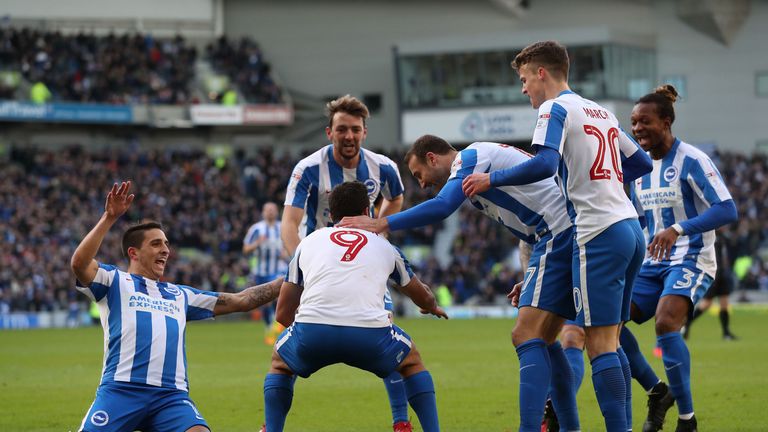 Brighton celebrate Sam Baldock's goal