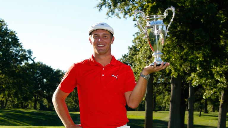 CLEVELAND, OH - SEPTEMBER 11: Bryson DeChambeau holds up the championship trophy after winning the Web.com Tour 2016 DAP Championship at the Canterbury Gol