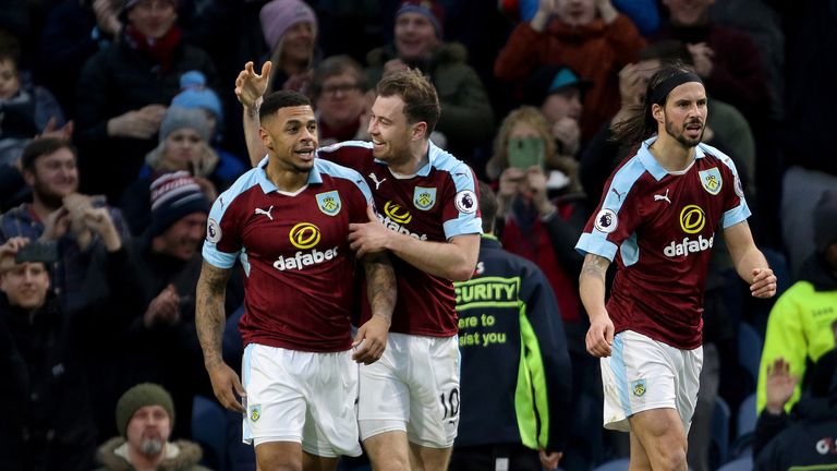 Andre Gray celebrates after giving Burnley the lead at Turf Moor