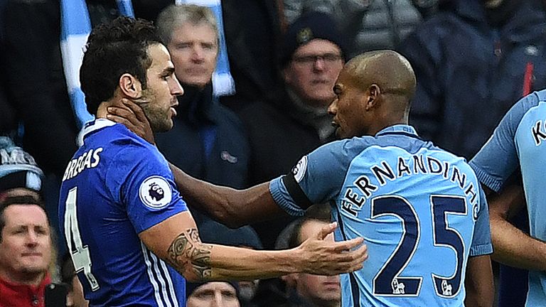 Fernandinho was sent off after clashing with Cesc Fabregas