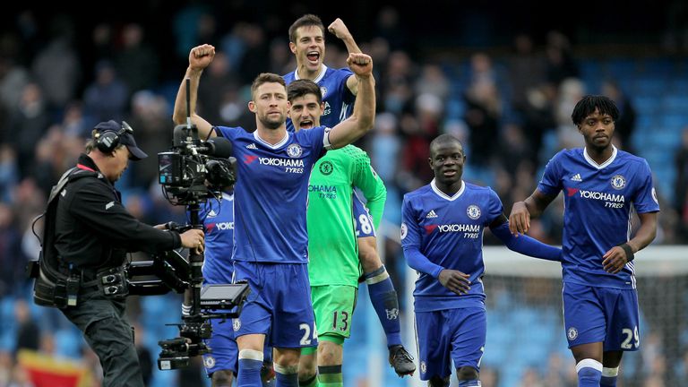 Gary Cahill leads the Chelsea celebrations after their win at Manchester City