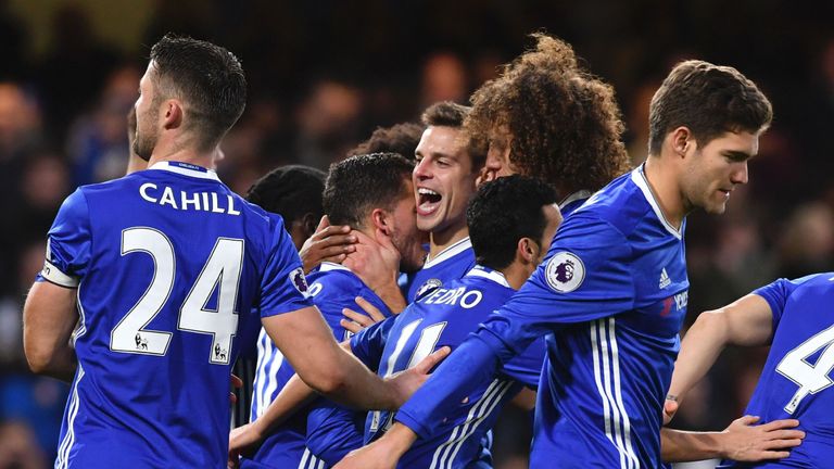 Eden Hazard celebrates with team-mates after scoring Chelsea's second goal