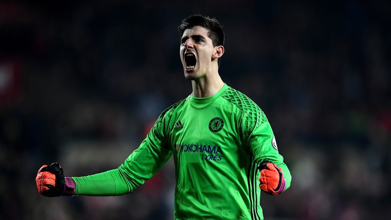 Thibaut Courtois of Chelsea celebrates the final whistle against Sunderland