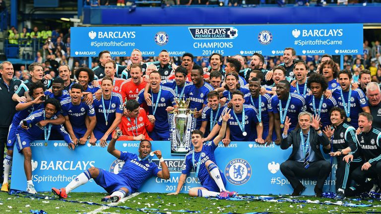 LONDON, ENGLAND - MAY 24: Chelsea players and staffs celebrates the Premier League title after the Barclays Premier League match between Chelsea and Sunder