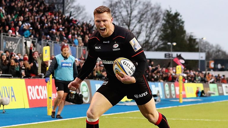 Chris Ashton of Saracens celebrates his try