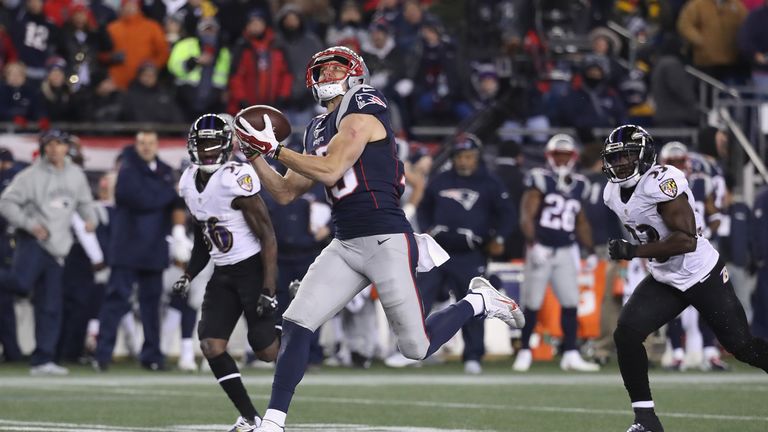 FOXBORO, MA - DECEMBER 12:  Chris Hogan #15 of the New England Patriots makes a 79-yard touchdown reception during the fourth quarter against the Baltimore