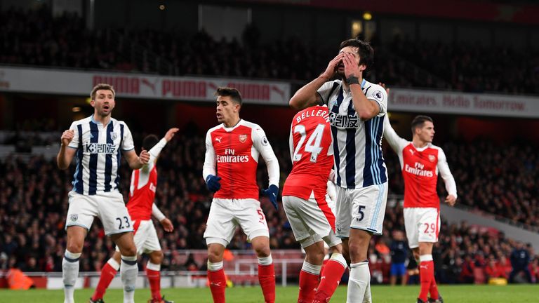 LONDON, ENGLAND - DECEMBER 26:  Claudio Yacob of West Bromwich Albion reacts to a missed opportunity during the Premier League match between Arsenal and We