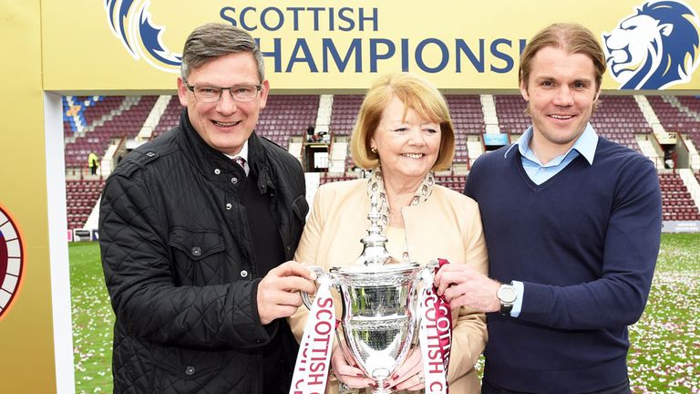 Craig Levein and Robbie Neilson with Hearts owner Ann Budge and the Championship trophy