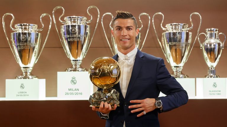 Cristiano Ronaldo poses with the Ballon d'Or in the trophy room at the Santiago Bernabeu