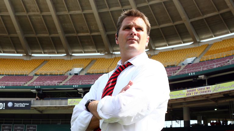 WASHINGTON - MAY 1: Head coach Curt Onalfo of D.C. United looks toward the field against the New York Red Bulls at RFK Stadium on May 1, 2010 in Washington