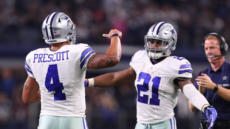 ARLINGTON, TX - DECEMBER 18:  Dak Prescott #4 and Ezekiel Elliott of the Dallas Cowboys celebrate after scoring a touchdown during the second quarter again