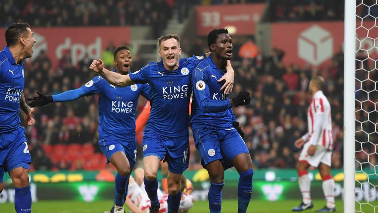 STOKE ON TRENT, ENGLAND - DECEMBER 17:  Daniel Amartey of Leicester City (R) celebrates scoring his sides second goal with Andy King of Leicester City (L) 
