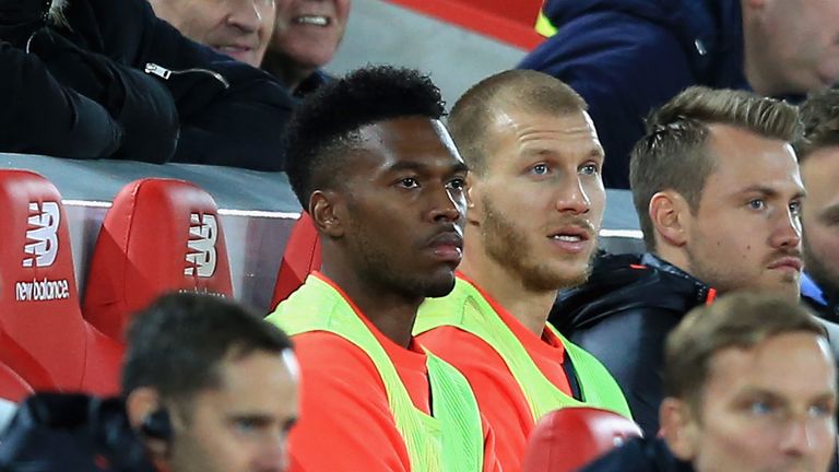 Daniel Sturridge looks on from the subs bench during the match between Liverpool and West Brom