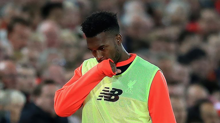 Substitute Daniel Sturridge walks along the touchline during the match between Liverpool And West Brom