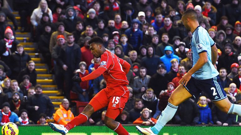 Liverpool striker Daniel Sturridge scores against West Ham in January 2015